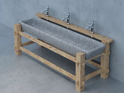 Textured Concrete Hand Basin with Wooden Stand and Two Taps Against Grey Wall 3d model