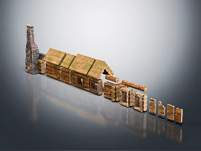 Miniature Wooden Building Model With Chimney Roof And Handcrafted Components 3d model