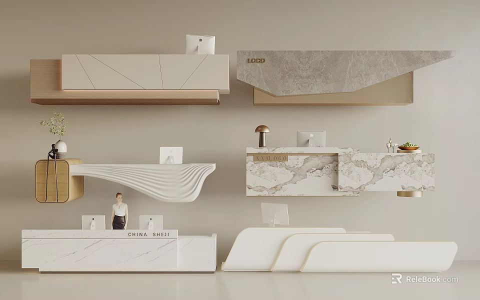 Modern Sleek Reception Desk With Marble Countertop Wooden Accents And Decorative Plants 3d model 