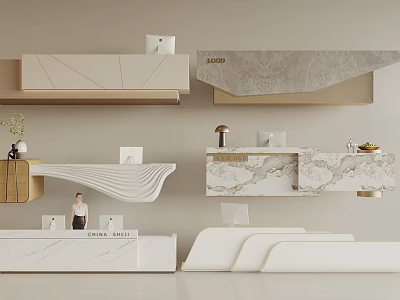 Modern Sleek Reception Desk With Marble Countertop Wooden Accents And Decorative Plants 3d model