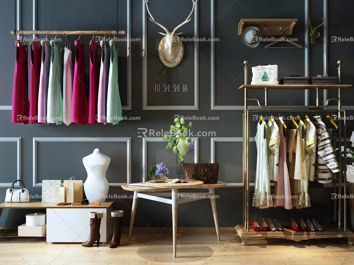 Modern clothes hanger clothing display rack high and low display stand storage rack combination 3d model