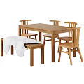 Wooden Dining Table Set With Chairs Bench And White Fluffy Blanket