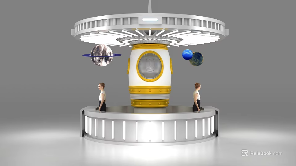 Space Themed Reception Desk with Circular Top Capsule Design Planet Models and Staff Standing Beside 3d model 