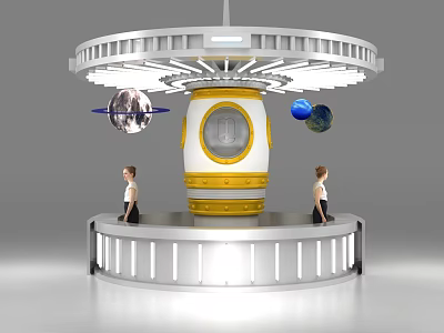 Space Themed Reception Desk with Circular Top Capsule Design Planet Models and Staff Standing Beside 3d model