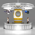 Space Themed Reception Desk with Circular Top Capsule Design Planet Models and Staff Standing Beside