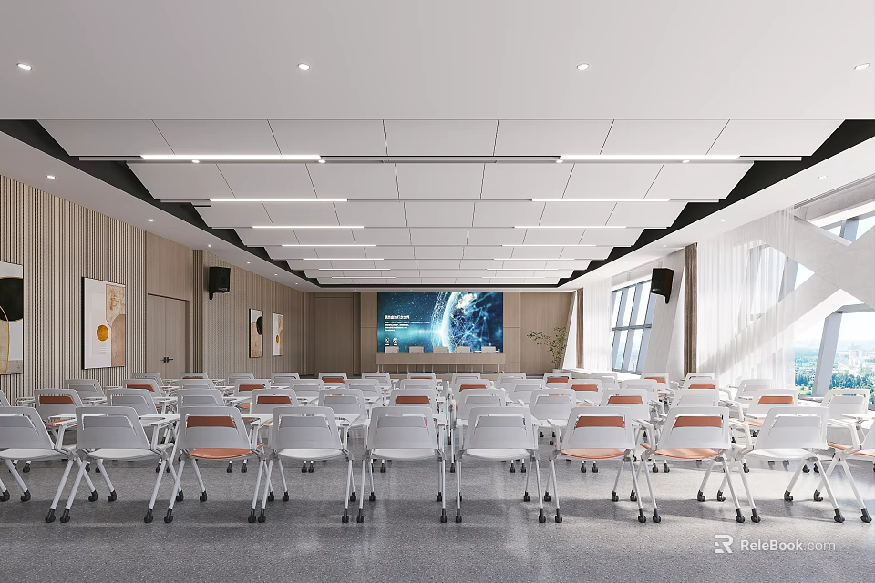 Bright Conference Room with Neatly Arranged White and Orange Chairs Large Screen and Wooden Backdrop 3d model 