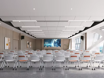 Bright Conference Room with Neatly Arranged White and Orange Chairs Large Screen and Wooden Backdrop 3d model