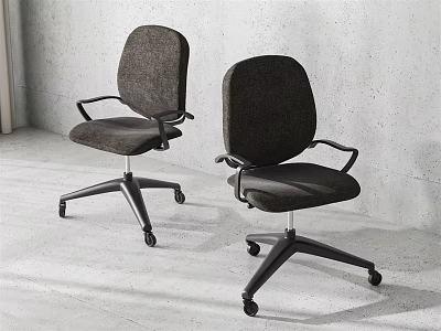 Two Modern Dark Fabric Office Chairs With Armrests And Wheeled Base 3d model