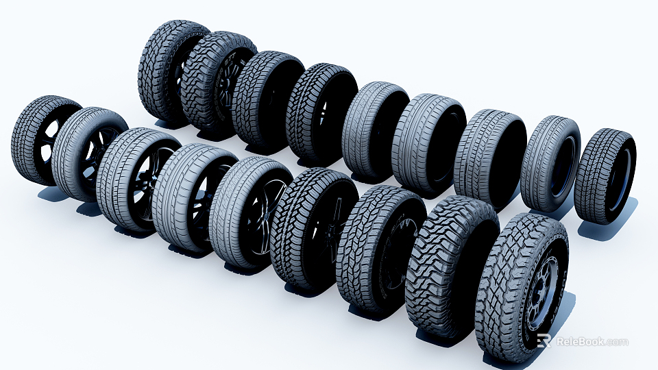 Arranged Collection of Various Car Tires with Diverse Tread Patterns 3d model 
