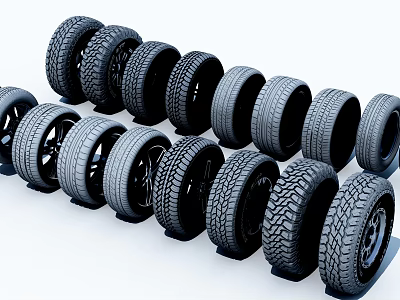 Arranged Collection of Various Car Tires with Diverse Tread Patterns 3d model