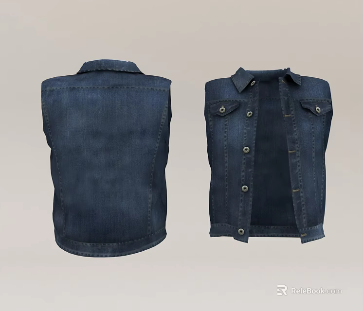Dark Blue Denim Vest Front And Back Views 3d model