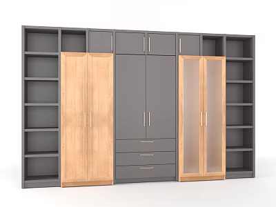 Modern Wardrobe With Gray And Wood Tones Glass Doors Open Shelves And Drawers 3d model