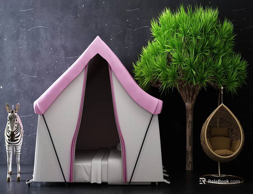Pink and Gray Tent with Zebra Plush Toy Green Tree and Hanging Chair in Indoor 3d model 