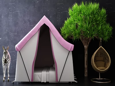 Pink and Gray Tent with Zebra Plush Toy Green Tree and Hanging Chair in Indoor 3d model