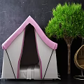 Pink and Gray Tent with Zebra Plush Toy Green Tree and Hanging Chair in Indoor