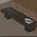 Minimalist Wooden Bench With Magazine And Glasses On Woven Rug By Wooden Floor