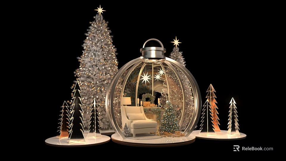 Christmas Themed Photo Spot With Transparent Spherical Installation Sofa And Silver Trees 3d model 