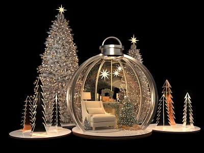 Christmas Themed Photo Spot With Transparent Spherical Installation Sofa And Silver Trees 3d model