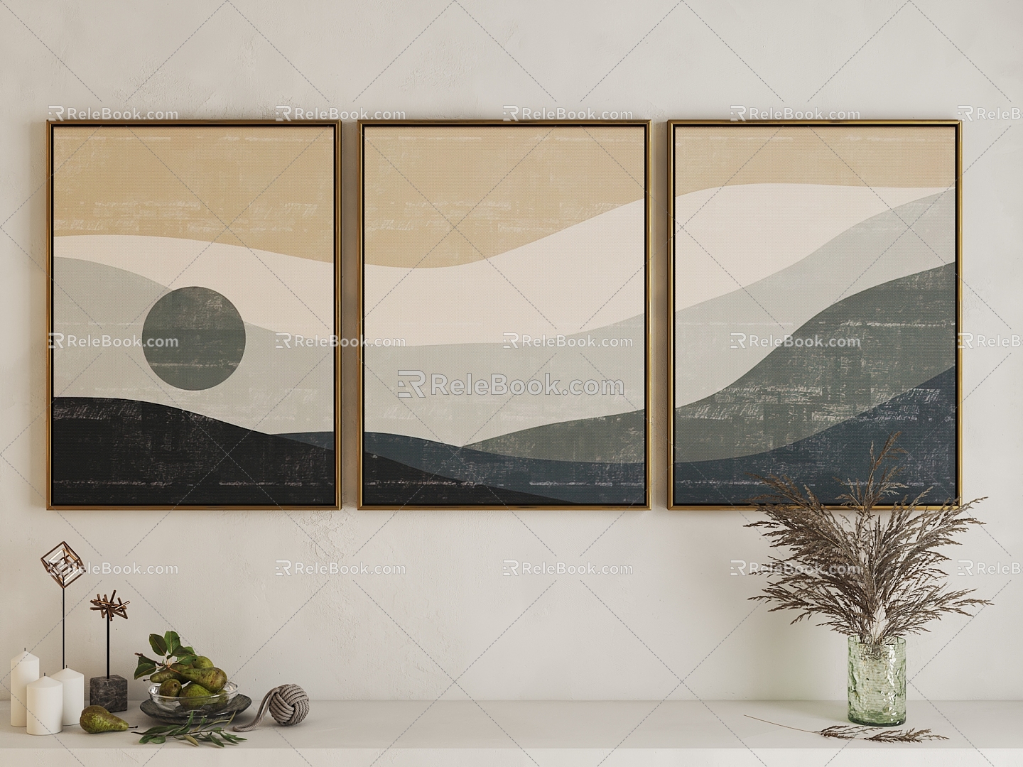 Nordic Landscape Painting Sun Moon Mountains Art Hanging Painting 3d model