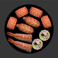 Fresh Delicious Assorted Sushi Rolls With Salmon And Vegetable Fillings On Black Plate
