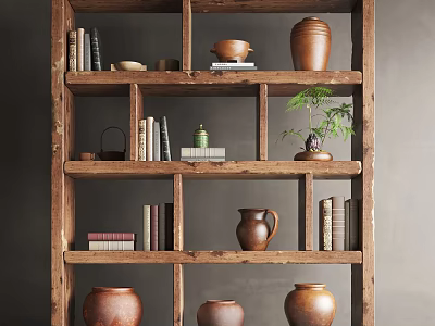 Wooden Decorative Cabinet with Lattice Shelves Holding Books Clay Pots and Small Potted Plants 3d model