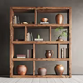 Wooden Decorative Cabinet with Lattice Shelves Holding Books Clay Pots and Small Potted Plants