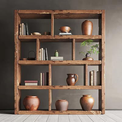 Wooden Decorative Cabinet with Lattice Shelves Holding Books Clay Pots and Small Potted Plants 3d model