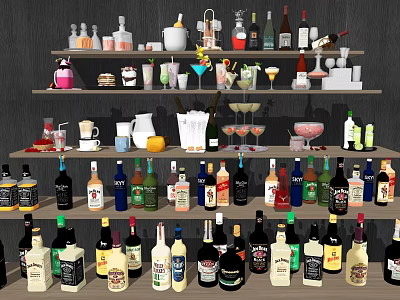 Assorted Alcoholic Beverages And Cocktails Display On Wooden Shelves With Glasses 3d model