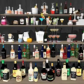 Assorted Alcoholic Beverages And Cocktails Display On Wooden Shelves With Glasses