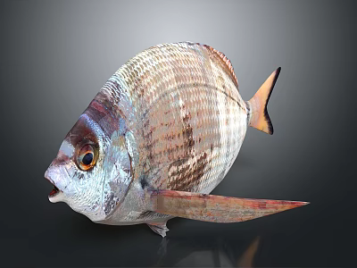 Shiny Silver Scaled Fish With Orange Eyes Open Mouth And Extended Fins 3d model