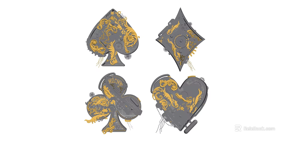 Playing Card Themed Wall Decor with Golden Intricate Patterns and Mechanical Gear Elements 3d model 