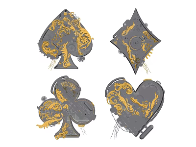 Playing Card Themed Wall Decor with Golden Intricate Patterns and Mechanical Gear Elements 3d model