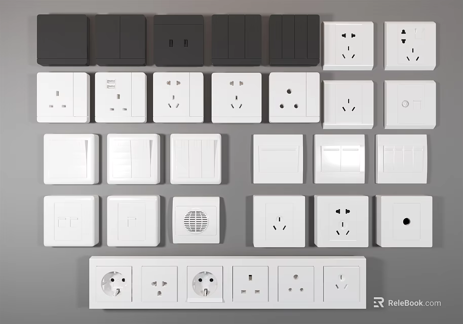 Assorted Black White Switch Panels with Single Multiple Socket Switch Combinations 3d model 
