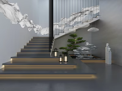 Modern Gray Staircase With LED Strip Lighting Green Plant And Decorative Lanterns 3d model