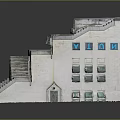 Modern Building Structure With Steps Green Window And Orange White Panels