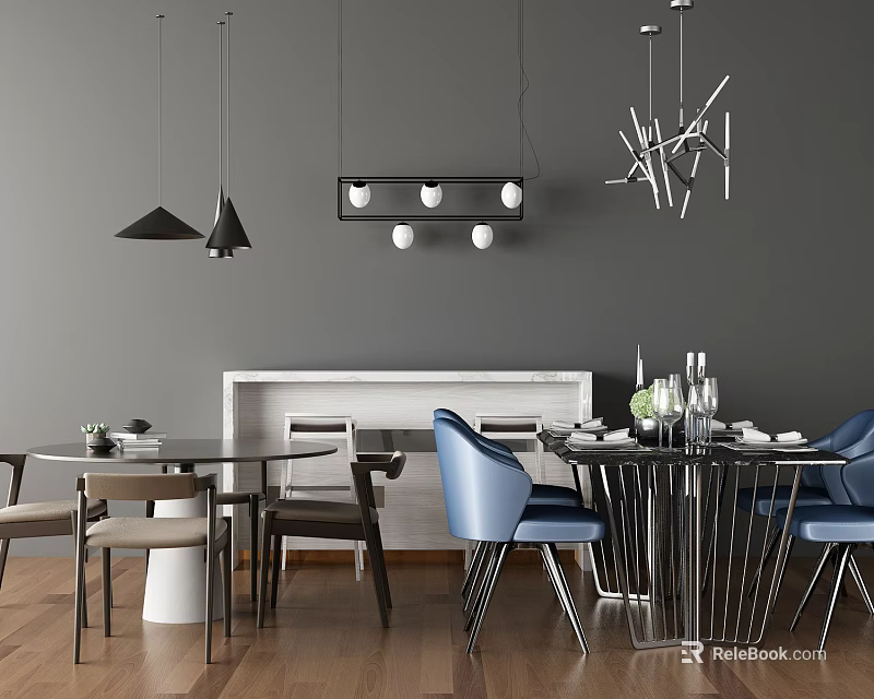 Modern Dining Table Set With Blue Chairs Pendant Lights And Gray Walls 3d model