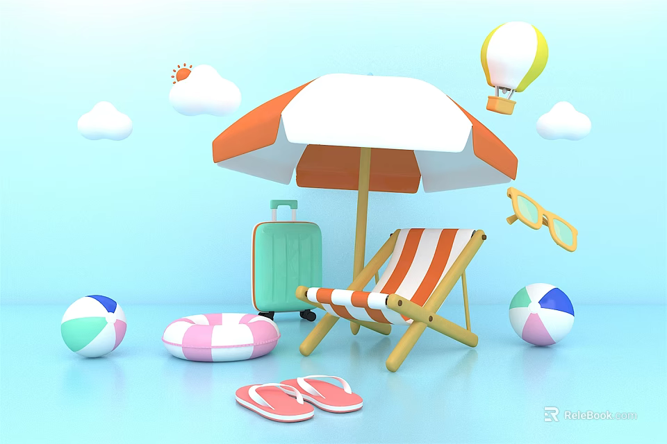 Summer Beach Vacation Gear Including Umbrella Chair Suitcase Flip Flops And Beach Balls 3d model 
