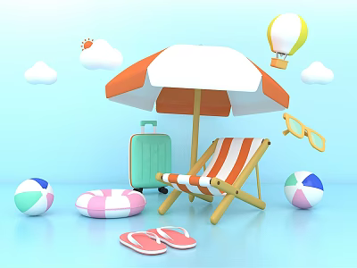 Summer Beach Vacation Gear Including Umbrella Chair Suitcase Flip Flops And Beach Balls 3d model