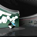 Modern Indoor Art Installation Featuring Geometric Cube Circular Elements And Green Backdrop With Light Effects 3d model