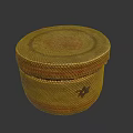 Circular Yellow Woven Storage Box with Red Pattern and Stripes for Daily Use 3d model