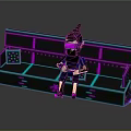 Pixelated Character Wearing Purple VR Headset Sitting on Neon Blue Pink Lighted Bench Holding Device