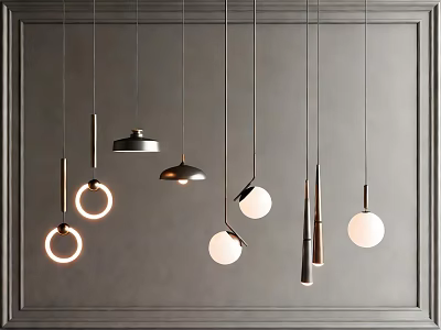 Modern Pendant Lights With Stylish Designs And Various Shapes Hanging On Gray Wall 3d model