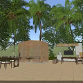 Garden Pavilion in Outdoor Leisure Area With Palm Trees Wooden Furniture and Tiled Floor