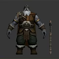 Fantasy Bearded Warrior Shaman Character In Brown Leather Armor Green Pants With Carved Creature Staff