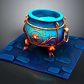 Ornate Blue Decorative Pot With Golden Accents And Legs On Stone Slab Base