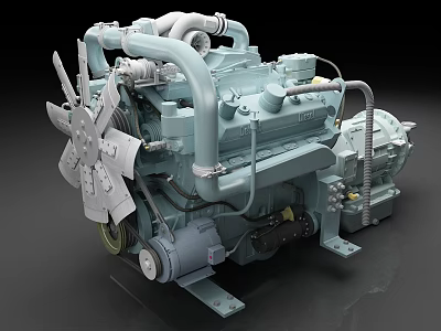 Heavy Duty Diesel Engine Industrial Structure With Cooling Fan And Metal Pipes 3d model