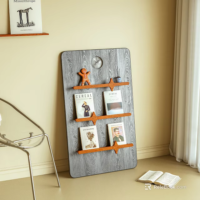 Gray Wall Mounted Shelf With Wooden Shelves Holding Books Clock And Decorative Figure 3d model 