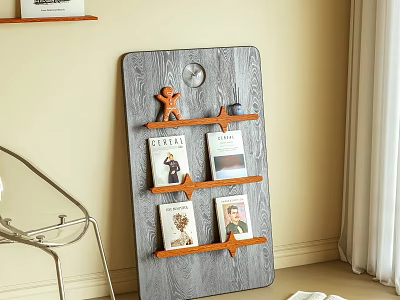 Gray Wall Mounted Shelf With Wooden Shelves Holding Books Clock And Decorative Figure 3d model
