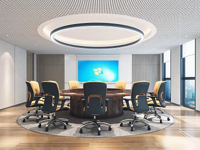 Modern Conference Room With Round Table Black Yellow Chairs Large Screen And Windows 3d model