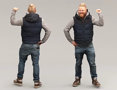 Man In Blue Down Vest Grey Long Sleeves Blue Jeans Showing Muscles With Raised Fists 3d model